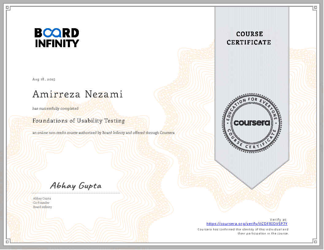 certificate of Foundations of Usability Testing